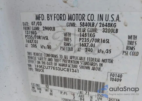 2003 Ford Explorer Sport Trac Xls/Xlt из США, поврежденный, VIN 1FMZU77E53UC81341